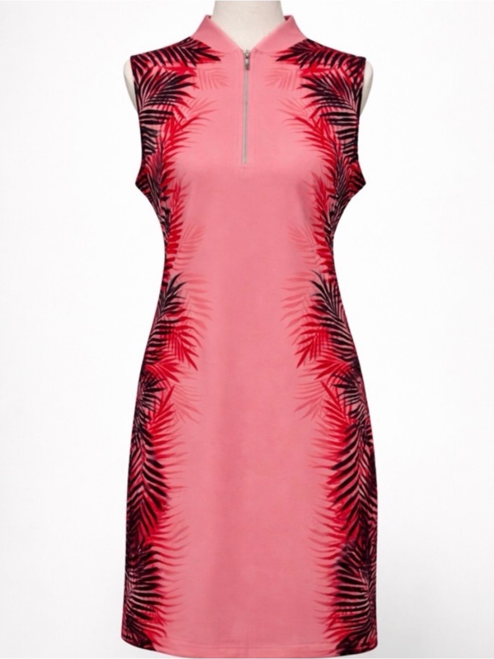 Tail Golf Hibiscus Palms Sleeveless Pink Palm-Print Zip Dress with pockets! L